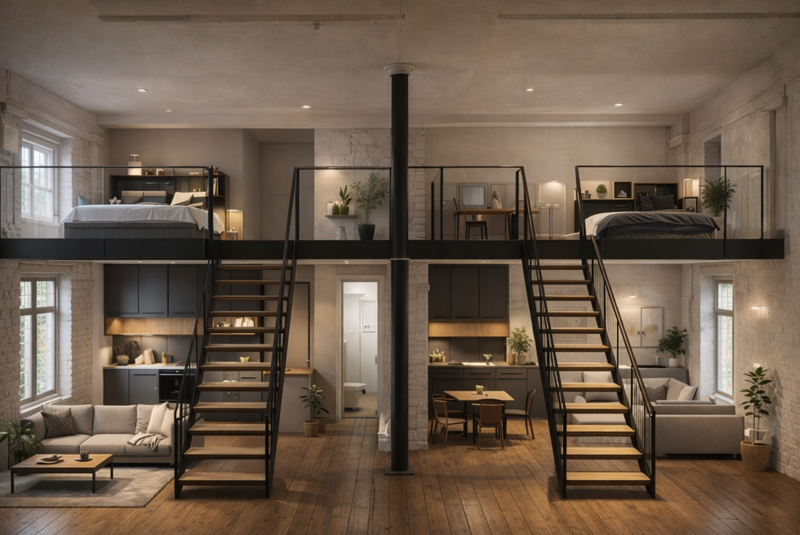 Saal als splitlevel Wohnung